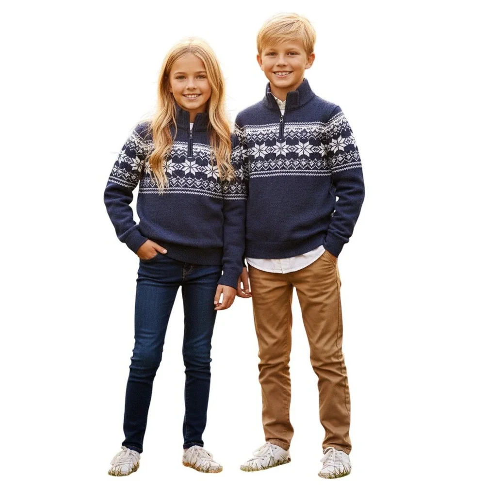 Polo Ralph Lauren Kids Navy Blue Fair Isle Cotton Quarter-Zip Sweater 10-12 New